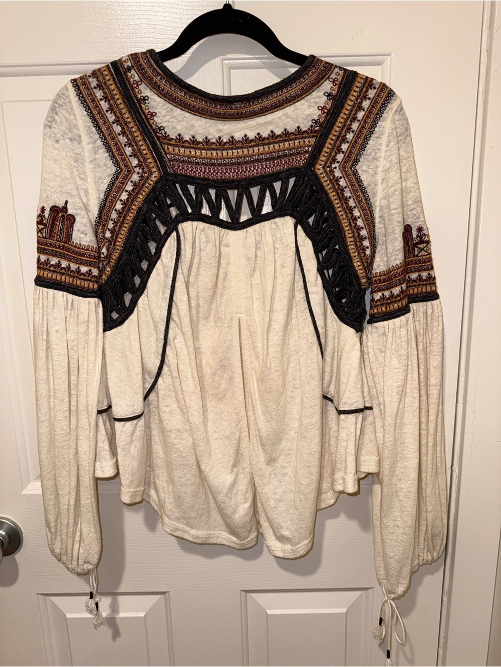 Free People Cream Snow Kisses - Boho Embroidered Tunic with Black Trim - Picture 11 of 14